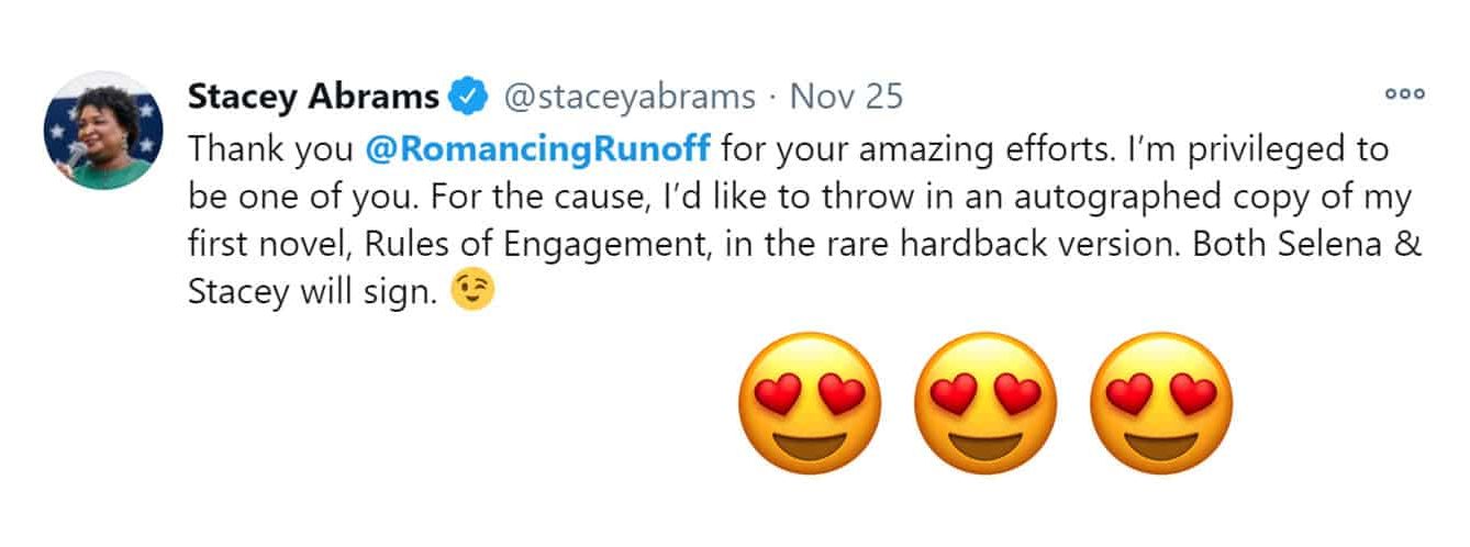 A tweet from stacey Abrams thanking us for our work on Romancing the Runoff and offering us a book to auction off.