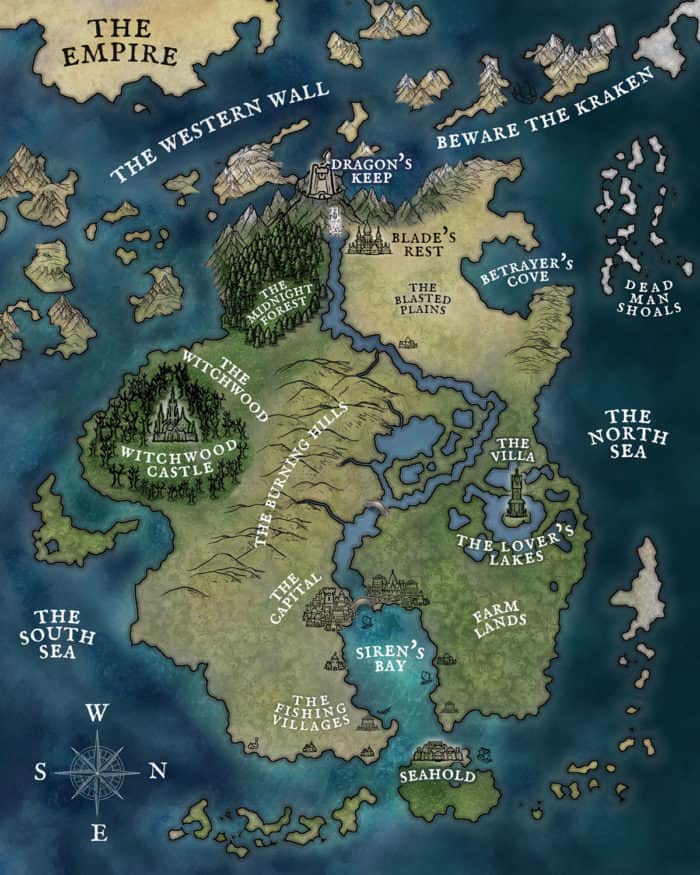 A fantasy map showing a kingdom divided by a big river with huge mountains at the top.