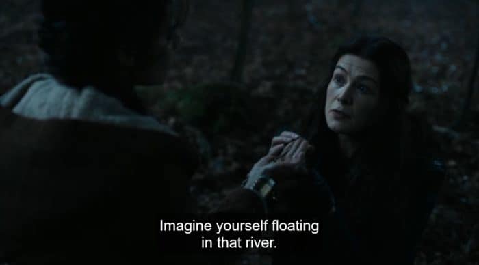 Moiraine teaching Egwene to channel by saying "Imagine yourself floating on that river."