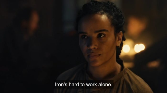 Nynaeve giving Perrin another LOOK and saying "Iron's hard to work alone"