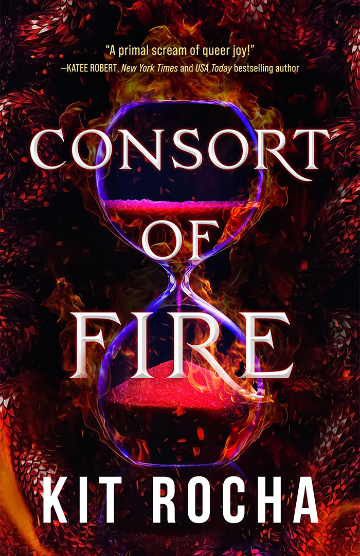 Consort of Fire: An hourglass with blood-red (and sometimes flaming pink) sand sifts through an ominous hourglass. Dragon scales shine in the background.