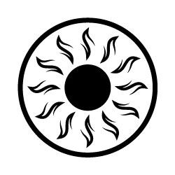 A sun surrounded by sunbeams inside a black circle.