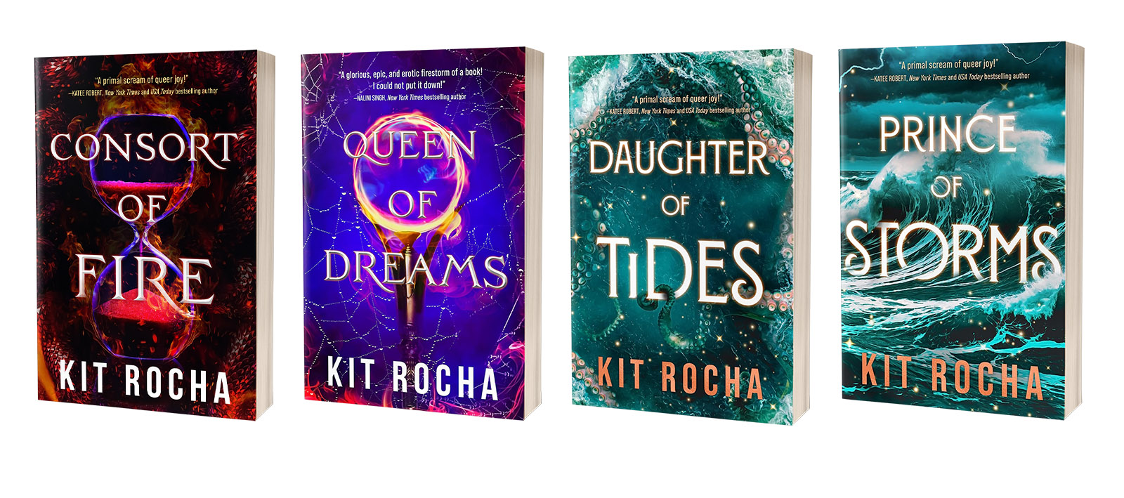 The covers of Consort of Fire, Queen of Dreams, Daughter of Tides, and Prince of Storms